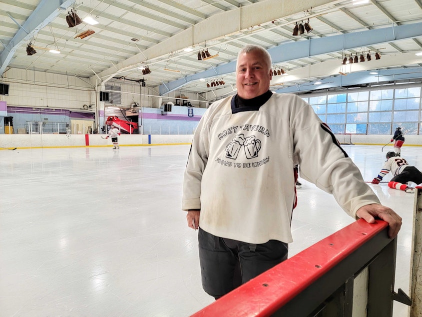 caption: Jeff "The Goose" Goosman has been playing a pickup hockey game at Highland Ice Arena fore more than 25 years. Seen here at his final Wednesday night game on October 12, 2022.