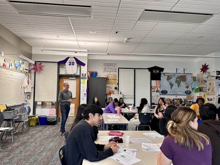 caption: David Ruby, a social studies teacher at Highline High School, listens to a discussion in his classroom Monday, the day before Election Day. He's made it his mission to teach his students about civil discourse in these politically-polarized times.