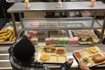 caption: FILE - In this Jan. 25, 2017, file photo, students fill their lunch trays at J.F.K Elementary School in Kingston, N.Y.