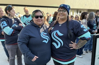 caption: Joann Howard (L) Ashley Pickel (R) drove up from Vancouver to see the Kraken in fall of 2024. 