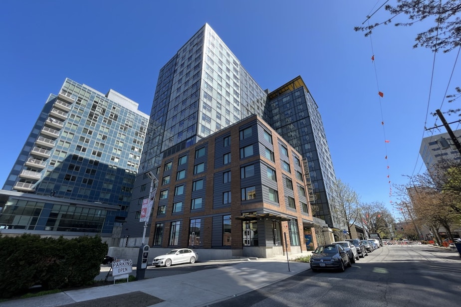 caption: Blake House makes up the bottom third of this affordable housing highrise on First Hill.