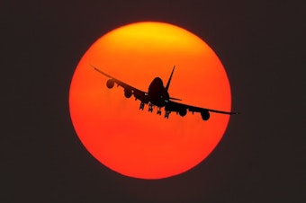 caption: A Boeing B-747-400 landing at Travis Air Force Base in Fairfield, Calif. 