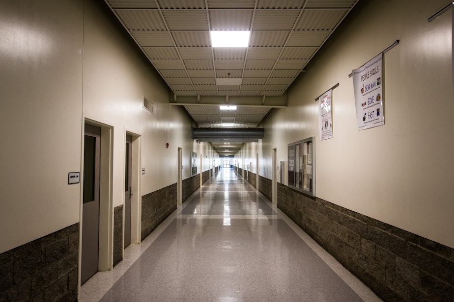 caption: The interior of the vocational school at Green Hill School in Chehalis, Washington, on Wednesday, May 10, 2017.