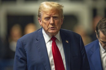 caption: Former President Donald Trump speaks to the media after the day's proceedings in his criminal trial at Manhattan Criminal Court on Thursday in New York City.