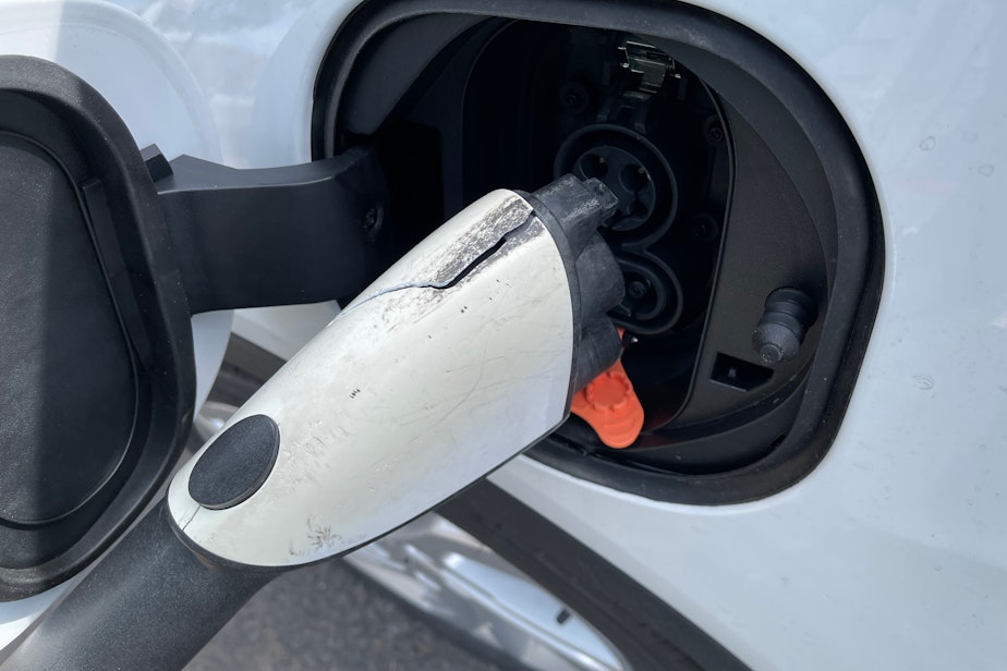 caption: A damaged plug at an Electrify America charging station in Yakima, Washington, April 2023.