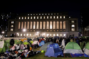 caption: Pro-Palestinian protesters gather at an encampment on the Columbia University campus in New York City on April 25, 2024.