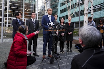 caption: Washington Attorney General Nick Brown speaks during a press availability after a federal judge temporarily blocked President Donald Trump's executive order aimed at ending birthright citizenship in a case brought by the states of Washington, Arizona, Illinois and Oregon, Thursday, Jan. 23, 2025, in Seattle. 