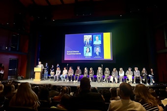 caption: Mercer Island Superintendent Fred Rundle speaks at a town hall on the state's school funding crisis at Sammamish High School in Bellevue. More than 450 people packed the school auditorium to fight for a funding boost.