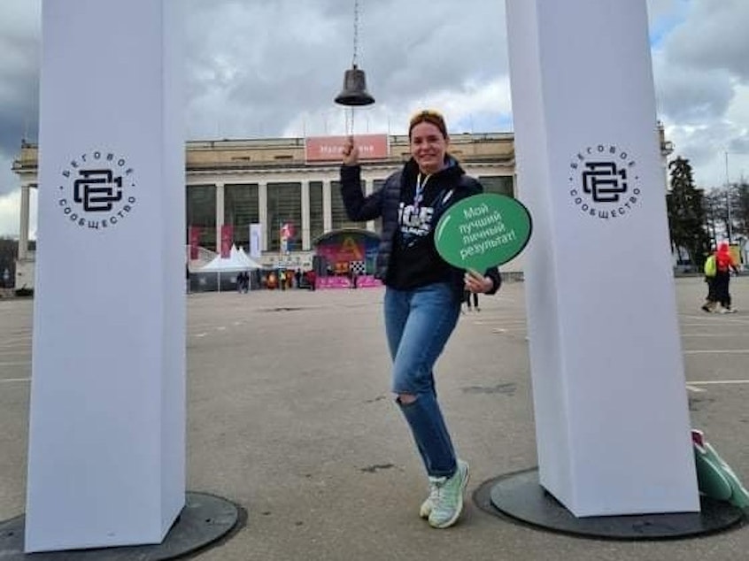 caption: Alexandra Prokopenko poses at a marathon event back in Russia. She used to run in Moscow's Meshchersky Park all the time: It was her favorite place in the city. But she's doubtful she will see it again, at least for the near future. Shortly after Russia's invasion of Ukraine, she left her country, along with hundreds of thousands of her peers.