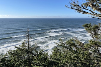 caption: Pacific Ocean waves roll in to Cape Disappointment State Park on the Washington coast on Sept. 15, 2024. 