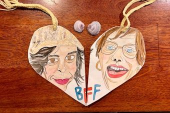 caption: Portrait / necklace of Lindy and Meagan painted by Angela Garbes 