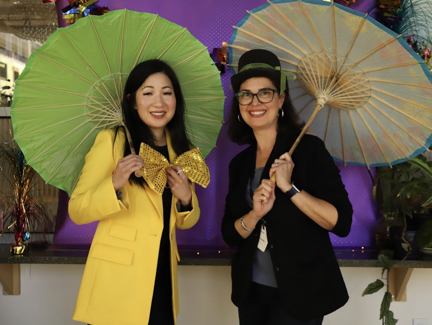 caption: Tanya Woo, left, and Tammy Morales Oct. 6, 2023 at KUOW in Seattle.