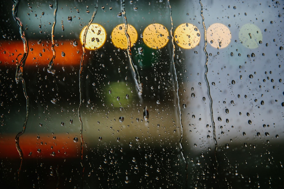 caption: Rain pours down a window on a stormy day, September 18, 2021. Seattle averages just under 40 inches of rain a year on 152 rainy days according to the National Oceanic and Atmospheric Administration.