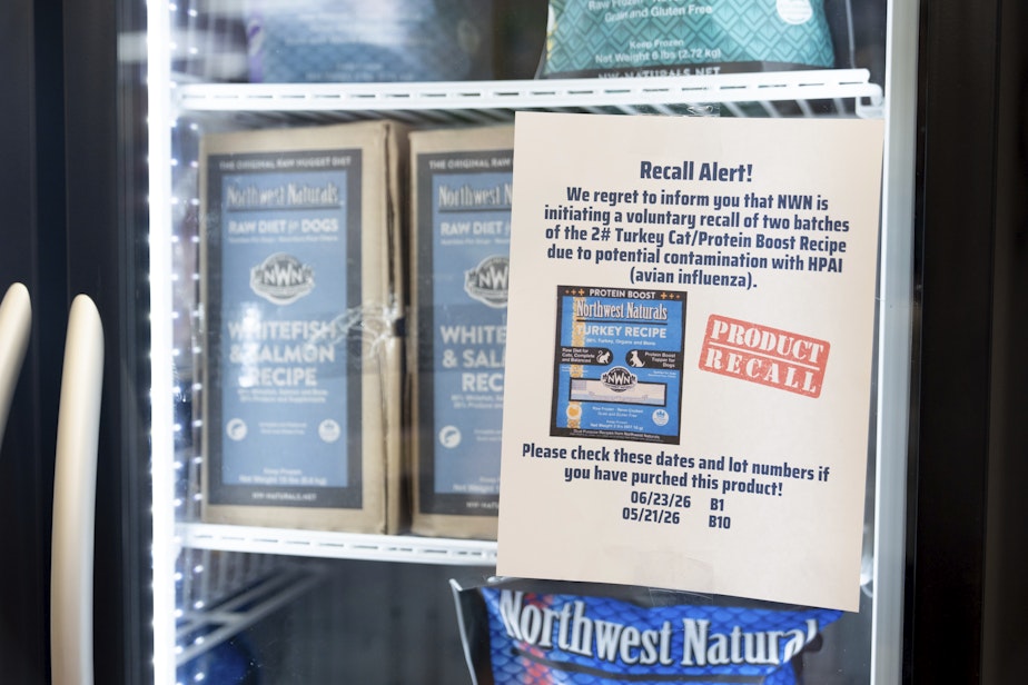 caption: A recall alert is displayed on a refrigerator at a pet store in Tigard, Ore., on Thursday, Dec. 26, 2024, after Northwest Naturals announced a voluntary recall Tuesday of one batch of its 2-pound Feline Turkey Recipe raw frozen pet food after it tested positive for the virus.