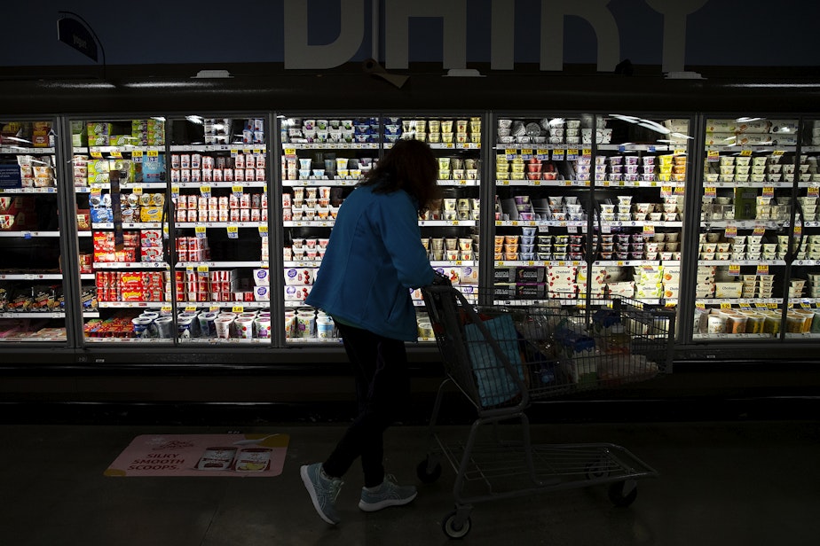 caption: Diane Martin Rudnick grocery shops on Thursday, Feb. 23, 2023, at Fred Meyer along Aurora Avenue North in Shoreline. 