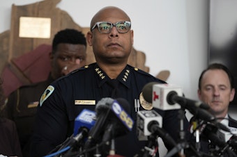 caption: Madison Police chief Shon Barnes speaks at a news conference Tuesday, Dec. 17, 2024, in Madison, Wis., following a shooting at the Abundant Life Christian School.