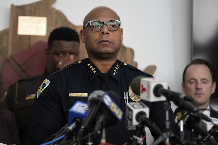 caption: Madison Police chief Shon Barnes speaks at a news conference Tuesday, Dec. 17, 2024, in Madison, Wis., following a shooting at the Abundant Life Christian School.