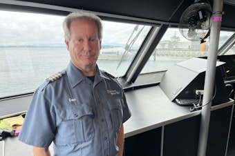 caption: Captain Dan Krehbiel aboard the MV Doc Maynard on Saturday, November 4, 2023. Krehbiel intercepted a runaway barge on Thursday that was headed straight for downtown Seattle.
