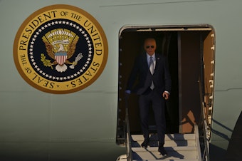 caption: U.S. President Joe Biden arrives on Air Force One at Moffett Airfield in Mountain View, Calif., Thursday, May 9, 2024.