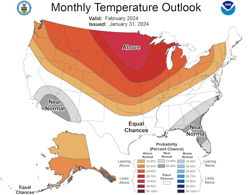 caption: The National Weather Service Climate Prediction Center expects spring-like conditions for February 2024. This graphic from NOAA shows similar conditions across much of the northern United States.