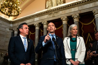 caption: House Democratic Caucus Chair Pete Aguilar of California, House Minority Leader Hakeem Jeffries of New York and House Minority Whip Katherine Clark of Massachusetts speak during a news conference at the U.S. Capitol on Wednesday.