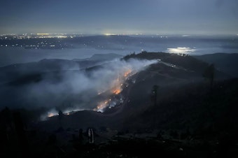 caption: The 2620 Road Fire near Brinnon burning, as viewed from above, in the early evening hours on August 18, 2024.
