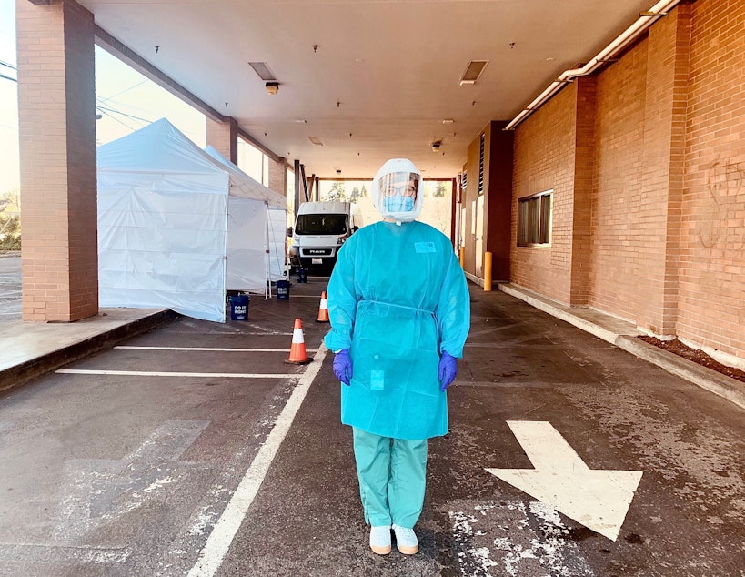 caption: Jessica Cook at the drive through testing site where she works in Snohomish County