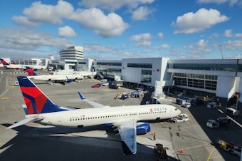 caption: A Delta airplane at a gate at SeaTac International Airport on May 15, 2024.