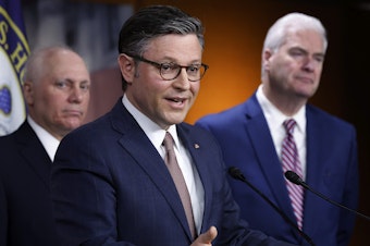 caption: Speaker of the House Mike Johnson speaks about the spending package during a news conference on March 20. The House of Representatives went on to pass six appropriations bills funding the government on Friday.