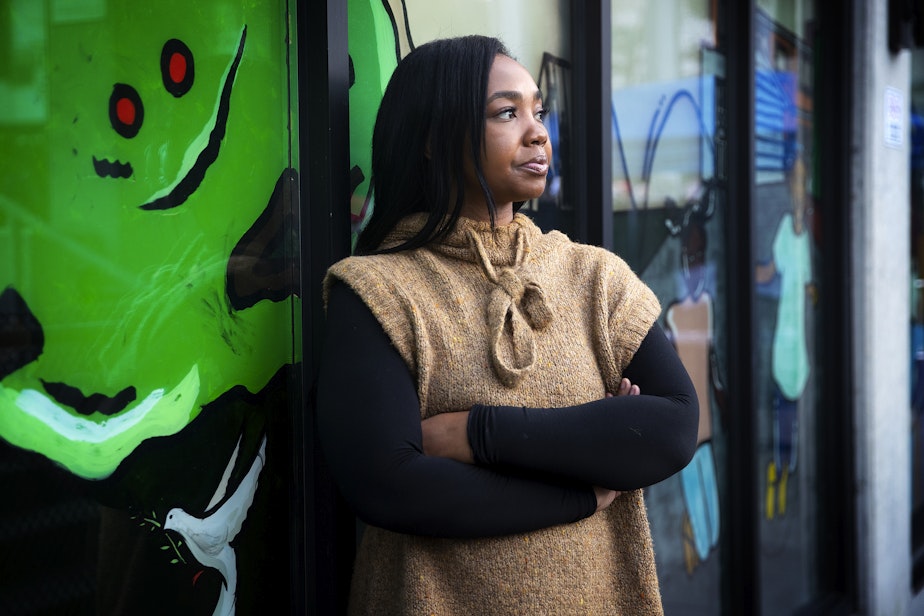 caption: Appollonia Washington is portrayed outside of A 4 Apple Learning Center on Thursday, November 30, 2023, along 23rd Avenue South in Seattle. 