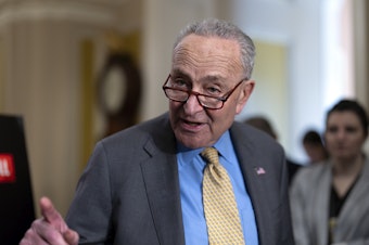 caption: Senate Majority Leader Chuck Schumer, D-N.Y., speaks to reporters following Democratic strategy session, at the Capitol in Washington on Wednesday.