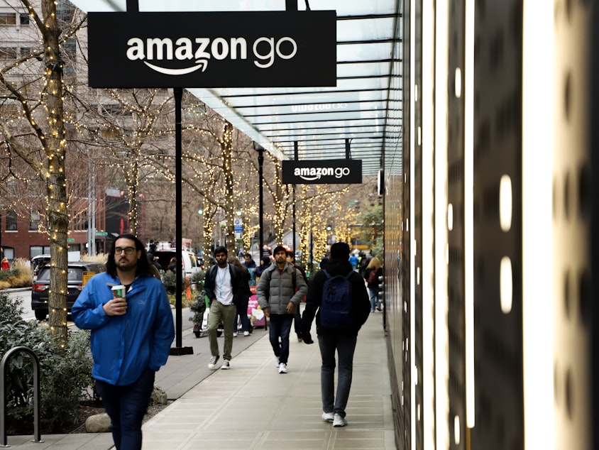 caption: The sidewalks near Amazon's Seattle headquarters were noticably busier Thursday, the first day the company required workers to return to the office five days a week.