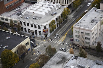 caption: The intersection of University Way Northeast and Northeast 45th Street is shown on Monday, October 5, 2019, from UW Tower in Seattle.