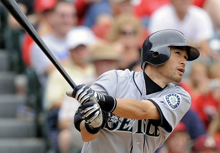 caption: FILE - Seattle Mariners' Ichiro Suzuki, of Japan, hits a solo home run during the sixth inning of a baseball game against the Los Angeles Angels, Sunday, May 31, 2009, in Anaheim, Calif.