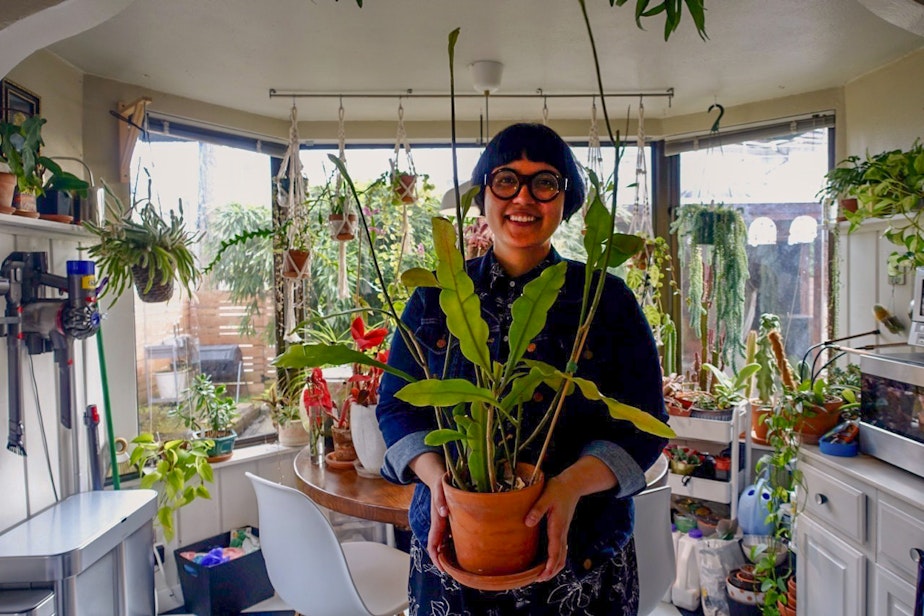 caption: Jessica Rubenacker and the night-blooming cereus.