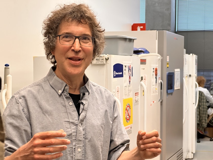 caption: David Baker at his lab at the UW Medicine Institute for Protein Design on Oct. 9, 2024.