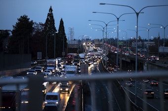 caption: Traffic is shown heading south on I-5 toward downtown Seattle on Tuesday, Nov. 5, 2024. 