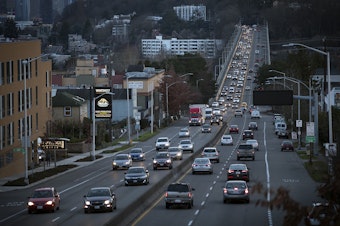 caption: Traffic is shown on Aurora Ave., on Monday, January 22, 2018, in Seattle. 