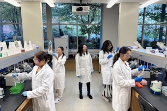 caption: (Left to right) Yennifer Gaspar, Mhicca Dalere, Dr. Tracie Delgado, Angelique Djekoundade, and Jewel Garcia, test samples for their salmon labeling study.