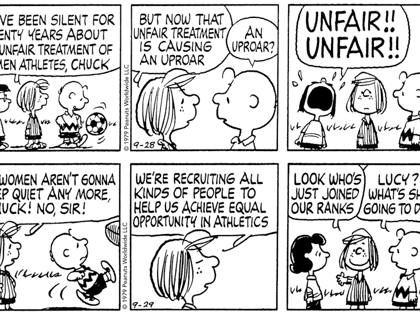 caption: The <em>Peanuts</em> characters reminded readers of the importance of Title IX at a moment when many schools and athletic programs were resistant to it.