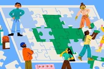 Illustration of a group of people putting together a large scale puzzle on the floor. The image on the puzzle is the health care cross. Medications surround the people putting the puzzle together.