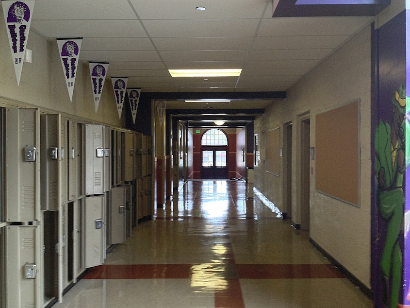 caption: An empty hallway at Garfield High School in Seattle.