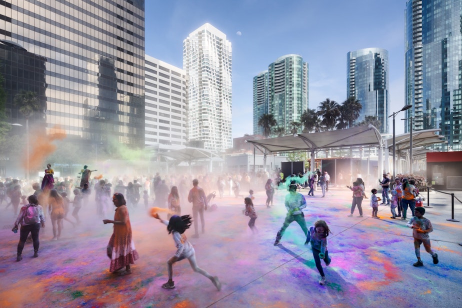 caption: San Francisco, like many cities, has vacant lots downtown as developers wait for permits to come in or for interest rates to decline. This lot would have been vacant for years, but the East Cut Community Benefit District turned it into a temporary park that's proven to be a popular gathering spot for workers and residents in the neighborhood.