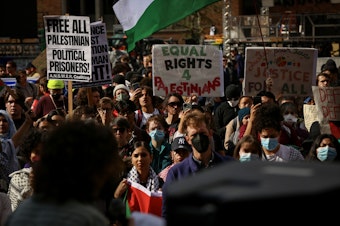 caption: A group of protesters during a pro-Palestine rally at the University of Washington's Red Square in Seattle on Oct. 12, 2023.