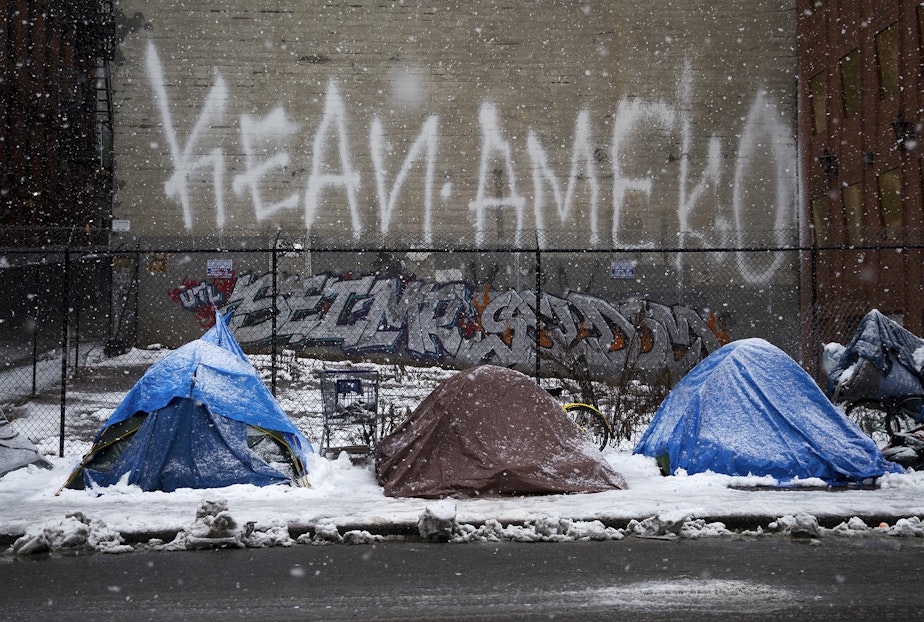 caption: Tents are blanketed in snow on S. Washington Street in the Pioneer Square neighborhood of Seattle on Monday, February 11, 2019.