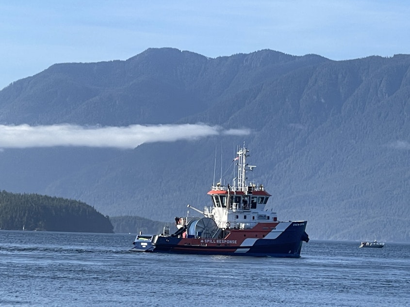 caption: The Western Canada Marine Response Corporation spill-response vessel Strait Sentinel, shown on British Columbia's Blackfish Sound with north Vancouver Island in the background on July 15, 2024, carries 2,500 feet of offshore containment boom.