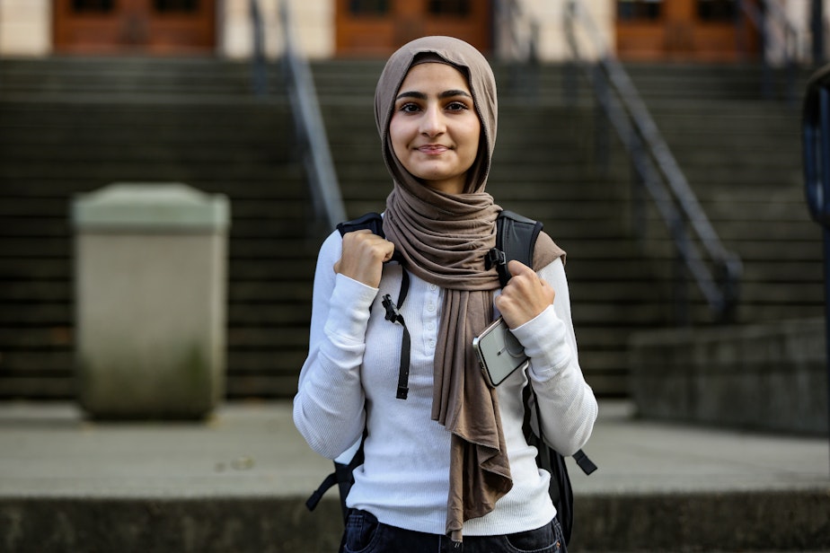 caption: For the first day of school at Roosevelt High on September 4, 2024, Sara Zahedi, 14, wore black jeans she's owned for a while, black Adidas Campus sneakers, and a jersey fabric hijab she bought off the website Modanisa. In terms of style, Sara said she is "everywhere generally, but I would describe my style as street fashion. I like clothes, and if I were really, really rich, I'd have a lot more."