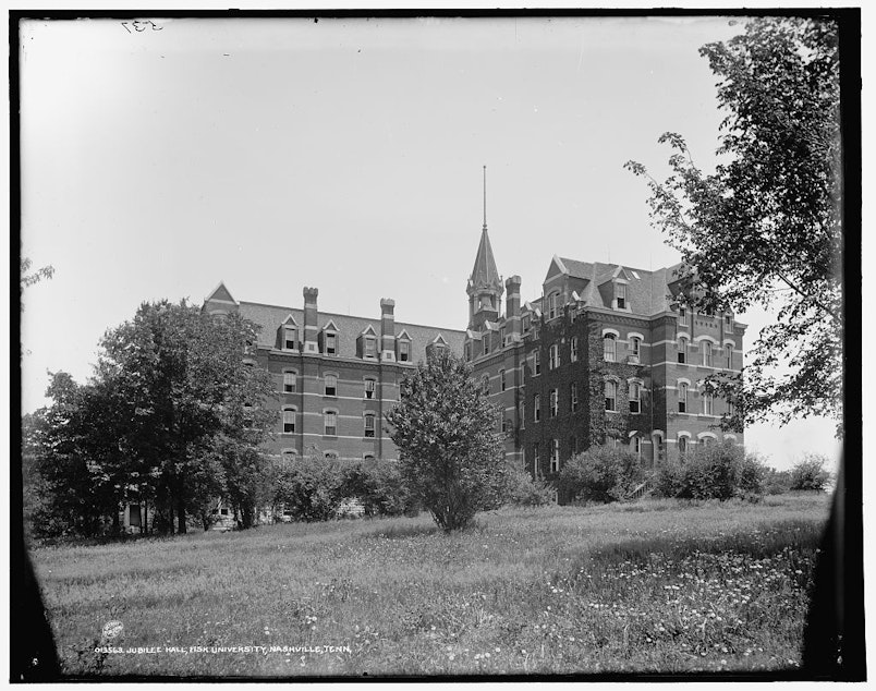 caption: Jubilee Hall, which was built using funds raised on the Fisk Jubilee Singers' first tours and which still stands today, c. 1900.