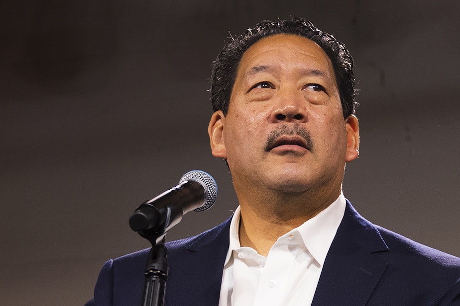 caption: Bruce Harrell speaks to a crowd of supporters during an election night party on Tuesday, November 2, 2021, at Block 41 on Bell Street in Seattle.