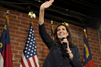 caption: Republican presidential candidate former U.N. Ambassador Nikki Haley speaks during a campaign event on March 1 in Charlotte, N.C.